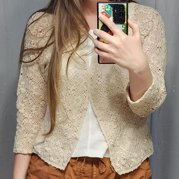 Vintage April Comell Cream Crochet Floral Cardigan L - Picture 1 of 7